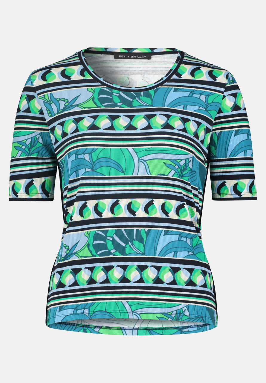 Green Blue and Navy T-Shirt with Multiprint and Round Neck