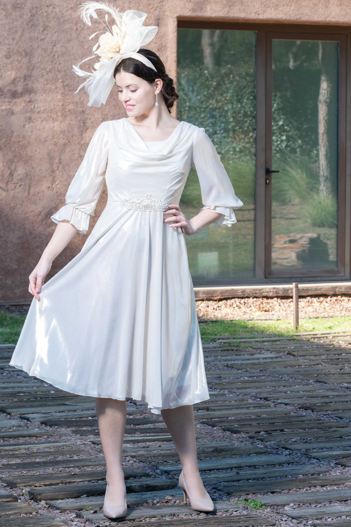 Ivory Cowl Neck Dress with Sheen and Diamante Detail