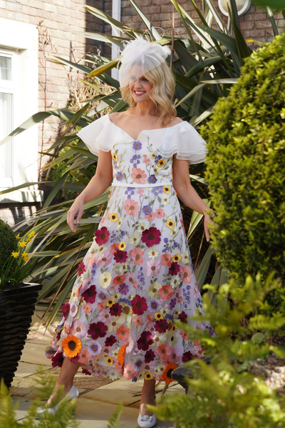 White Off-The-Shoulder Dress with Floral Detail