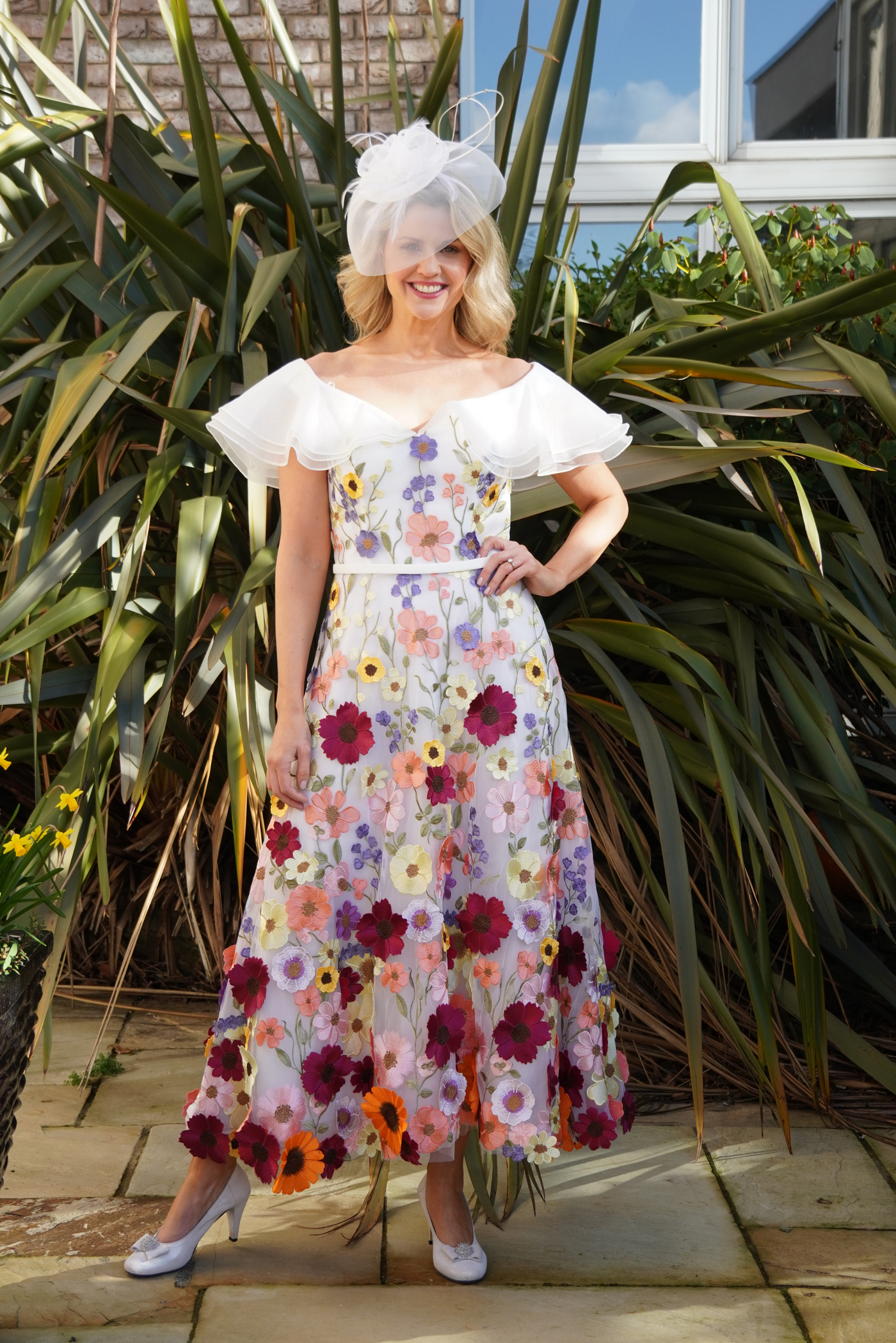 White Off-The-Shoulder Dress with Floral Detail