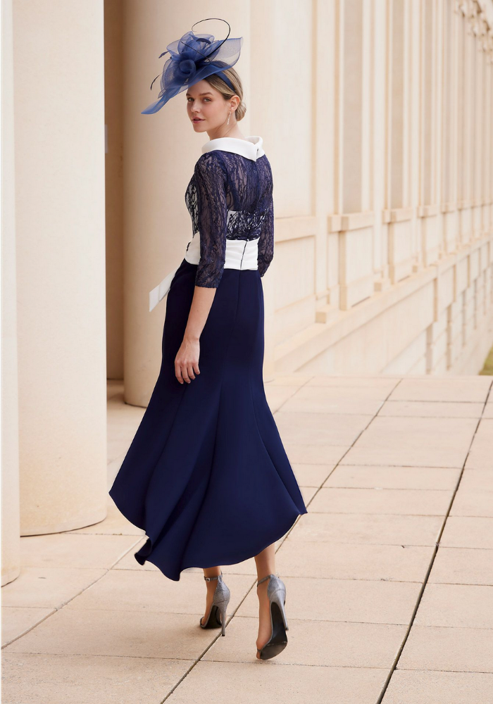 Navy and White Sequinned Dress with Diamante Belt Detail