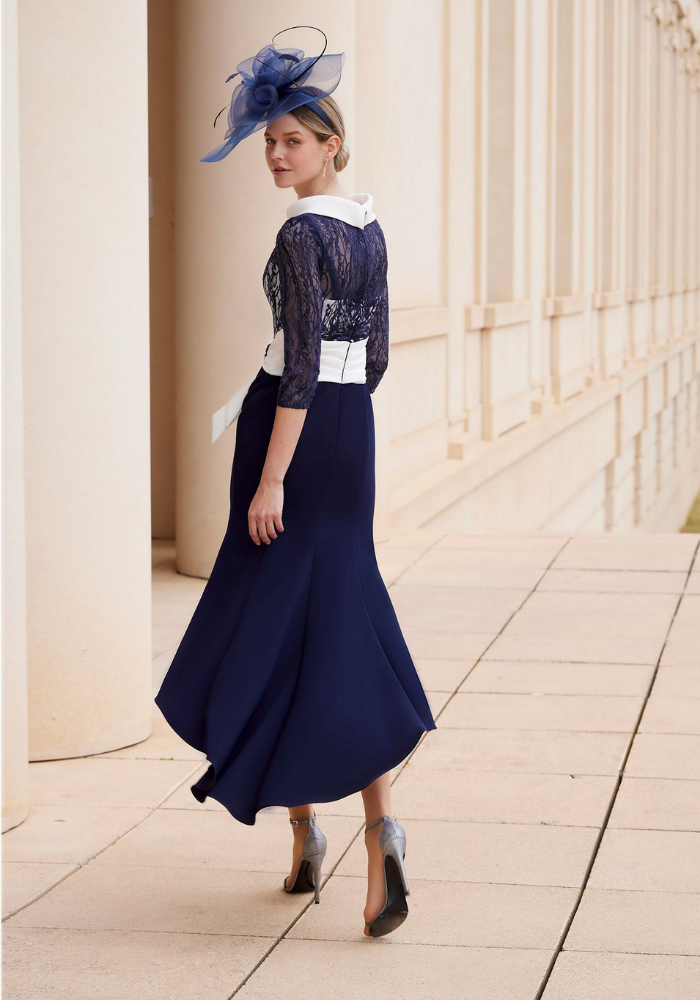 white dress with navy blue belt A-line Ivory Satin Knee Length Flower Girl Dress, Navy Blue Belt / Bow 8T --- Chest = 27 inches/ Waist = 26 inches/ Hollow to Knee = 27.5 inches