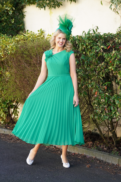 Green Pleated Dress with Floral Piece