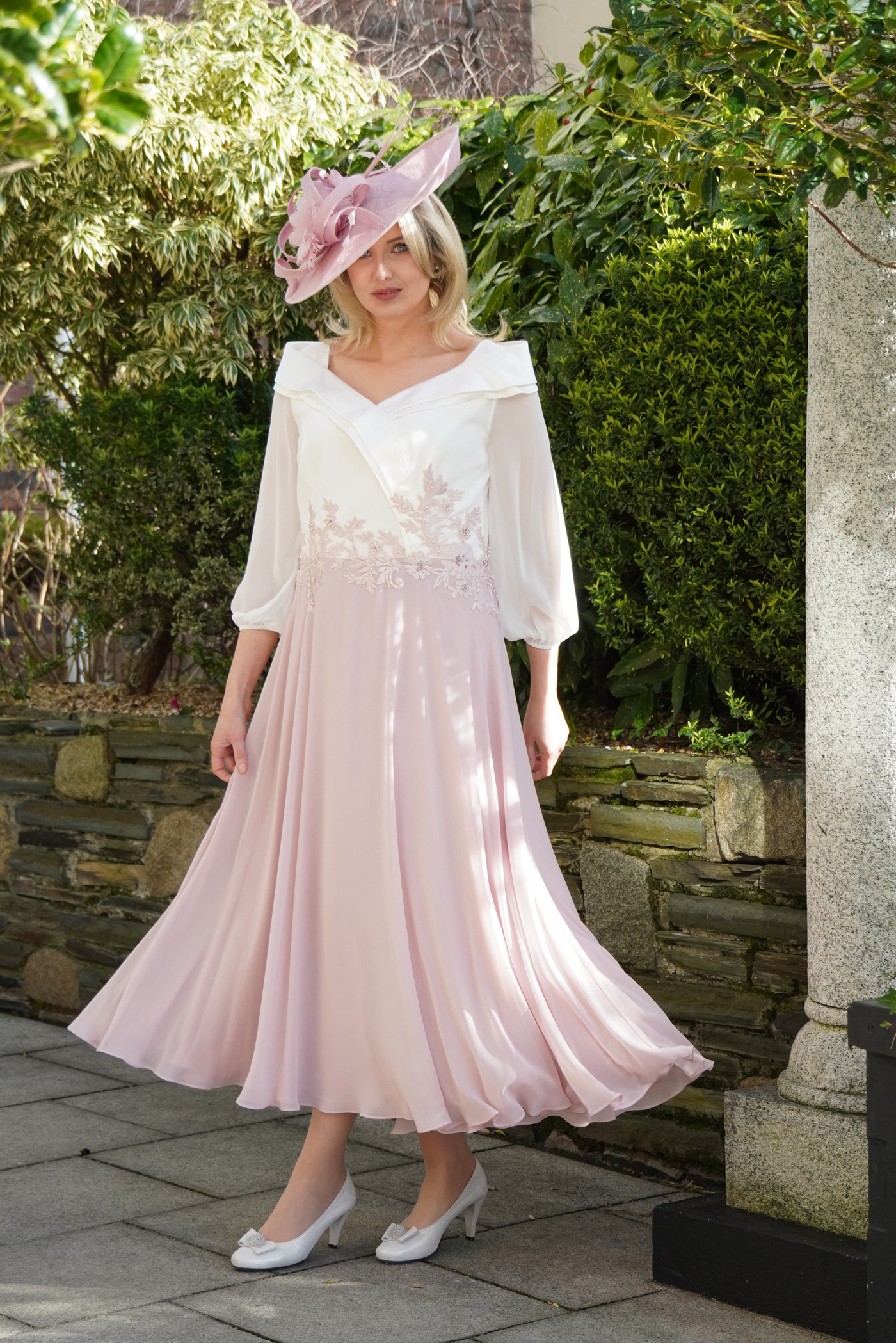 White/Pale Pink Dress With Lace & Beaded Detail