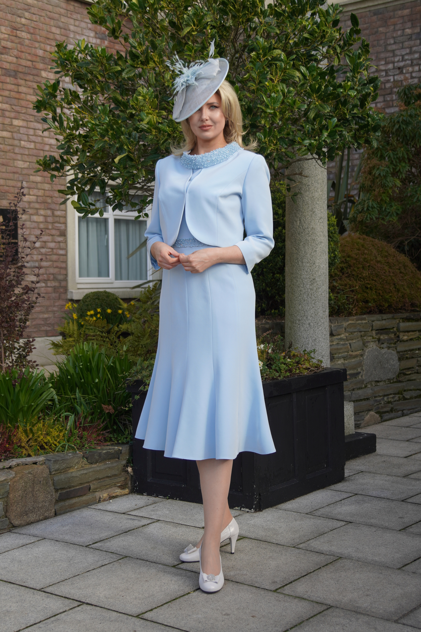 2-Piece Blue Dress and Jacket Set with Pearl Detail