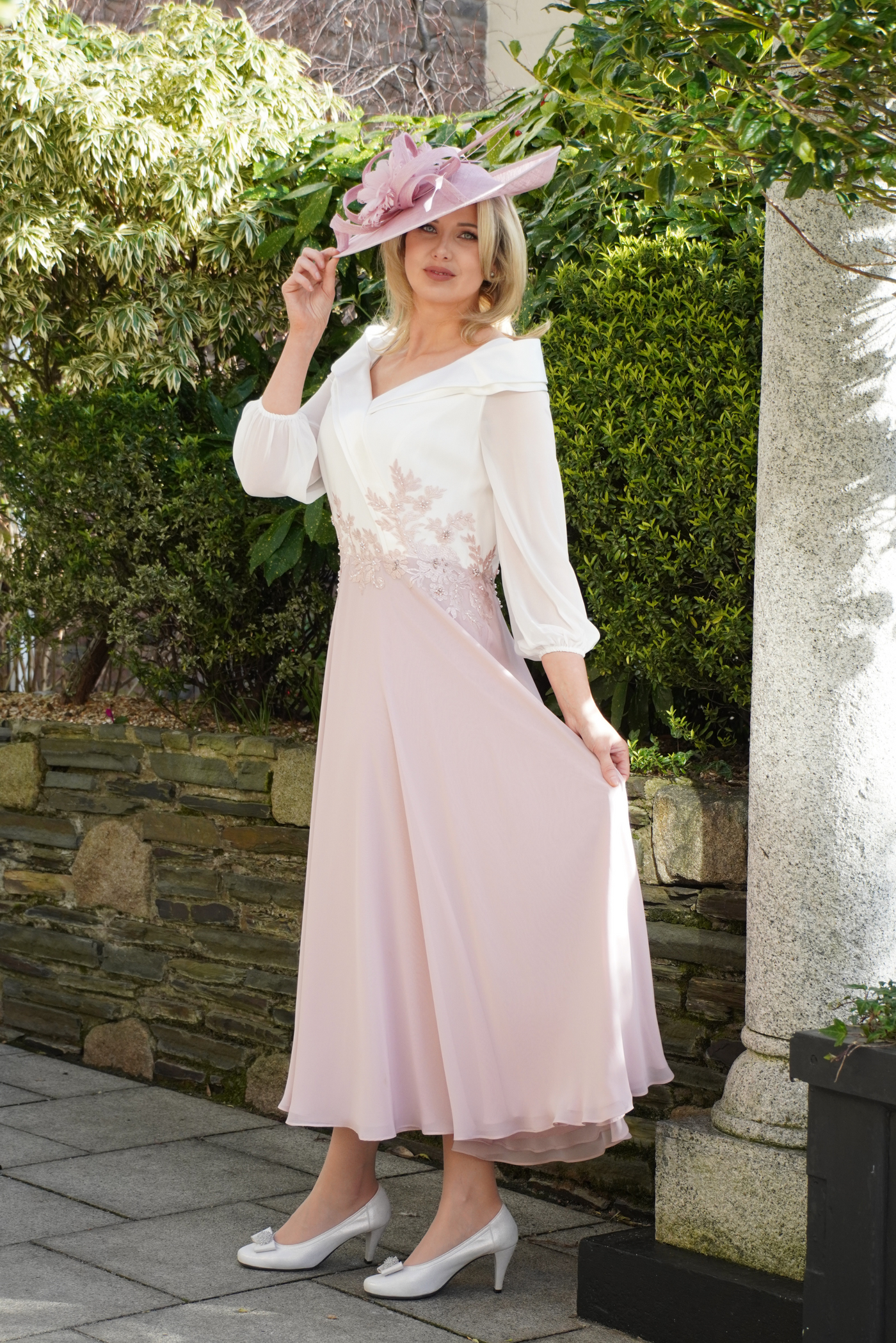 White/Pale Pink Dress With Lace & Beaded Detail