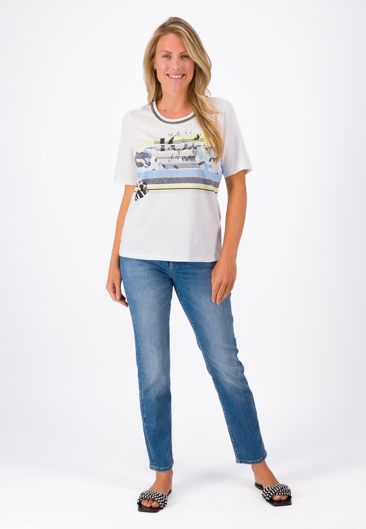 White T-Shirt with Multicoloured Graphic Print & Stud Detail