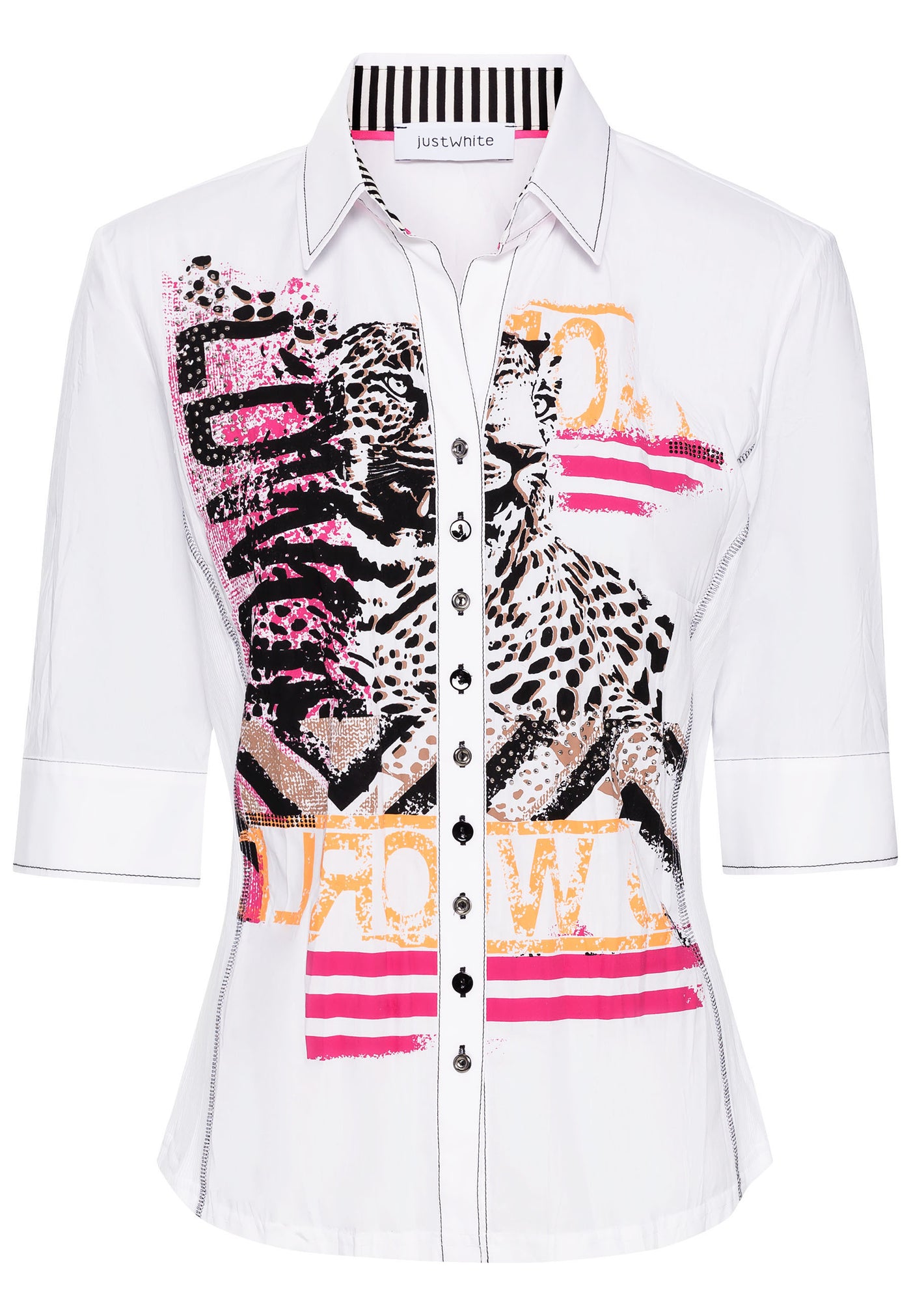 White Blouse With Graphic Print & Half Sleeves