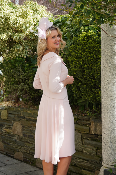 Blush Pink Dress with Waist Detail and Draped Back