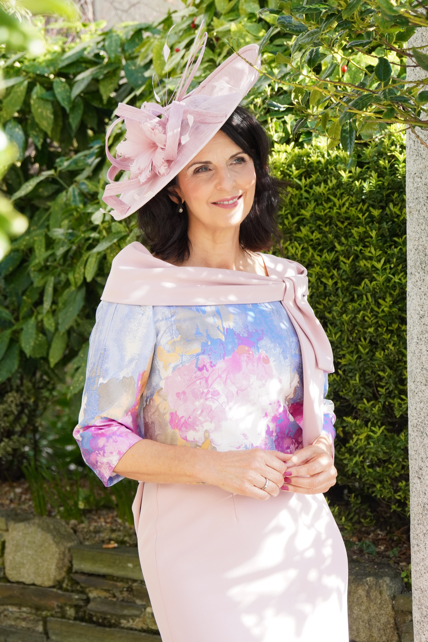 Blush Pink Dress with Multi-Coloured Pattern with Bow Detail