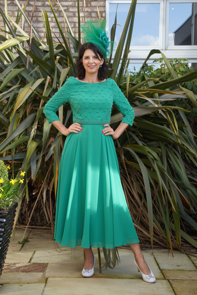 Shamrock Green Dress with Chiffon Skirt and Pearl Detail