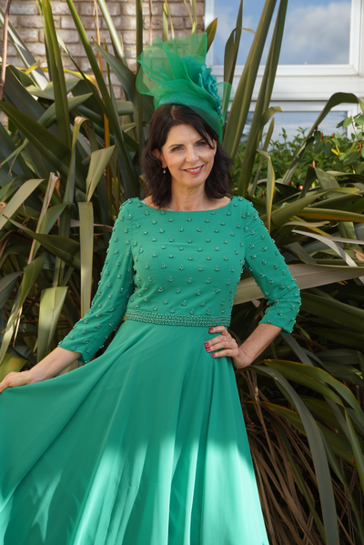 Shamrock Green Dress with Chiffon Skirt and Pearl Detail