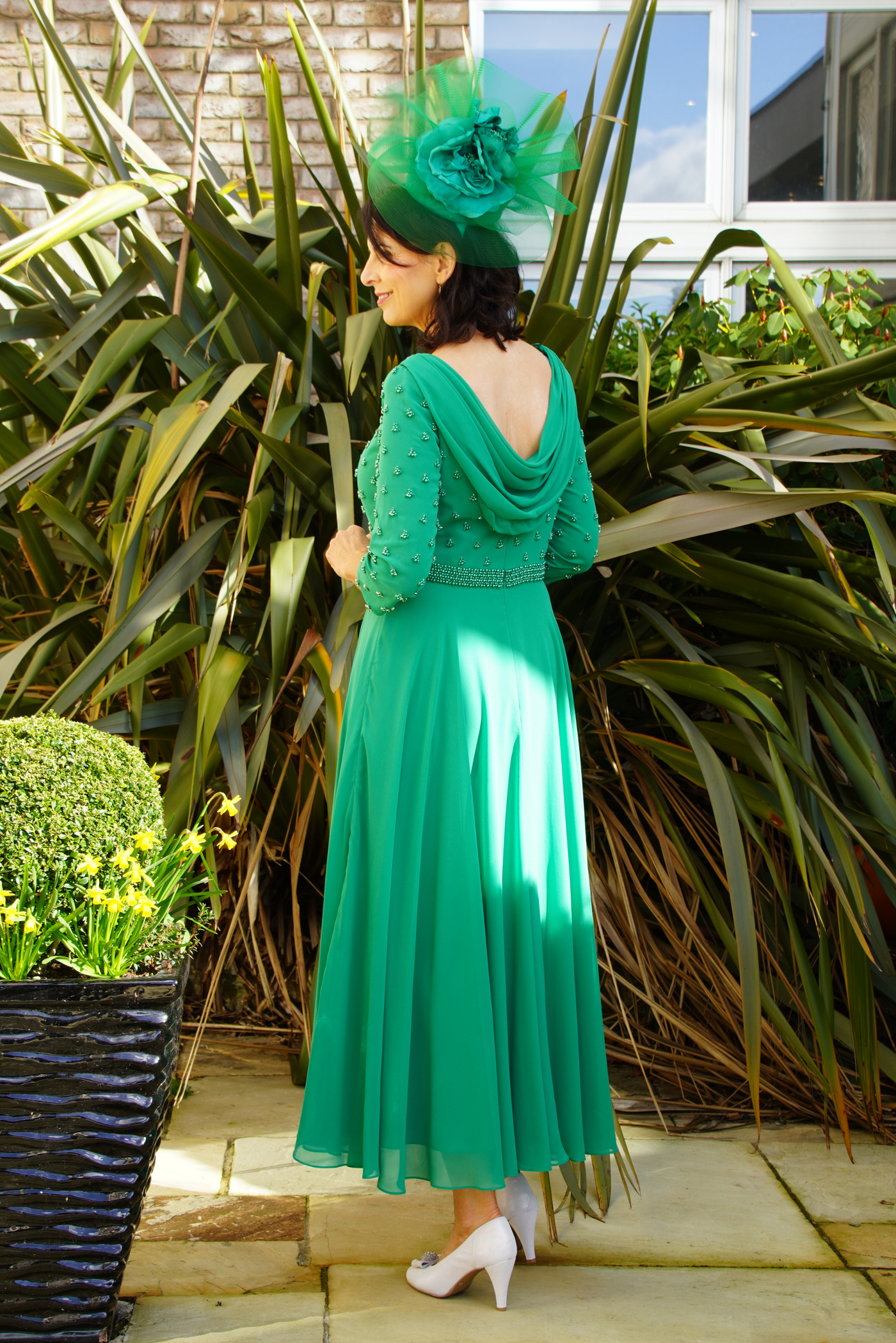 Shamrock Green Dress with Chiffon Skirt and Pearl Detail